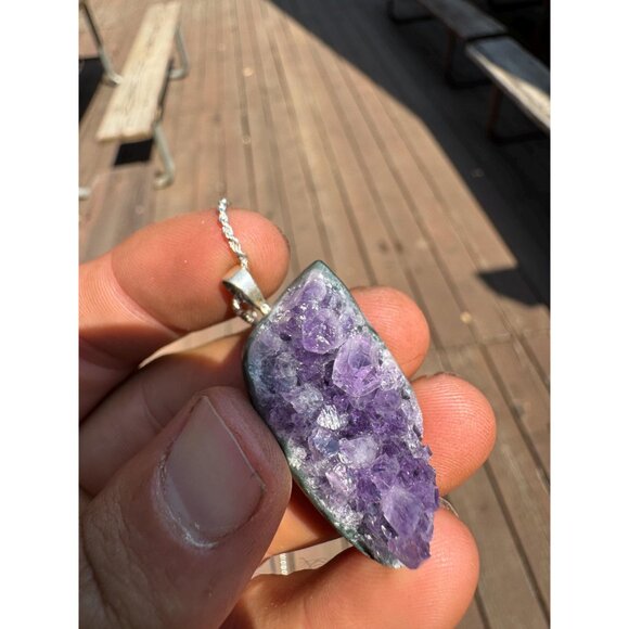 Amethyst Druzy Natural Hand Cut Pendant Sterling Silver 925 Chain - Picture 2 of 6